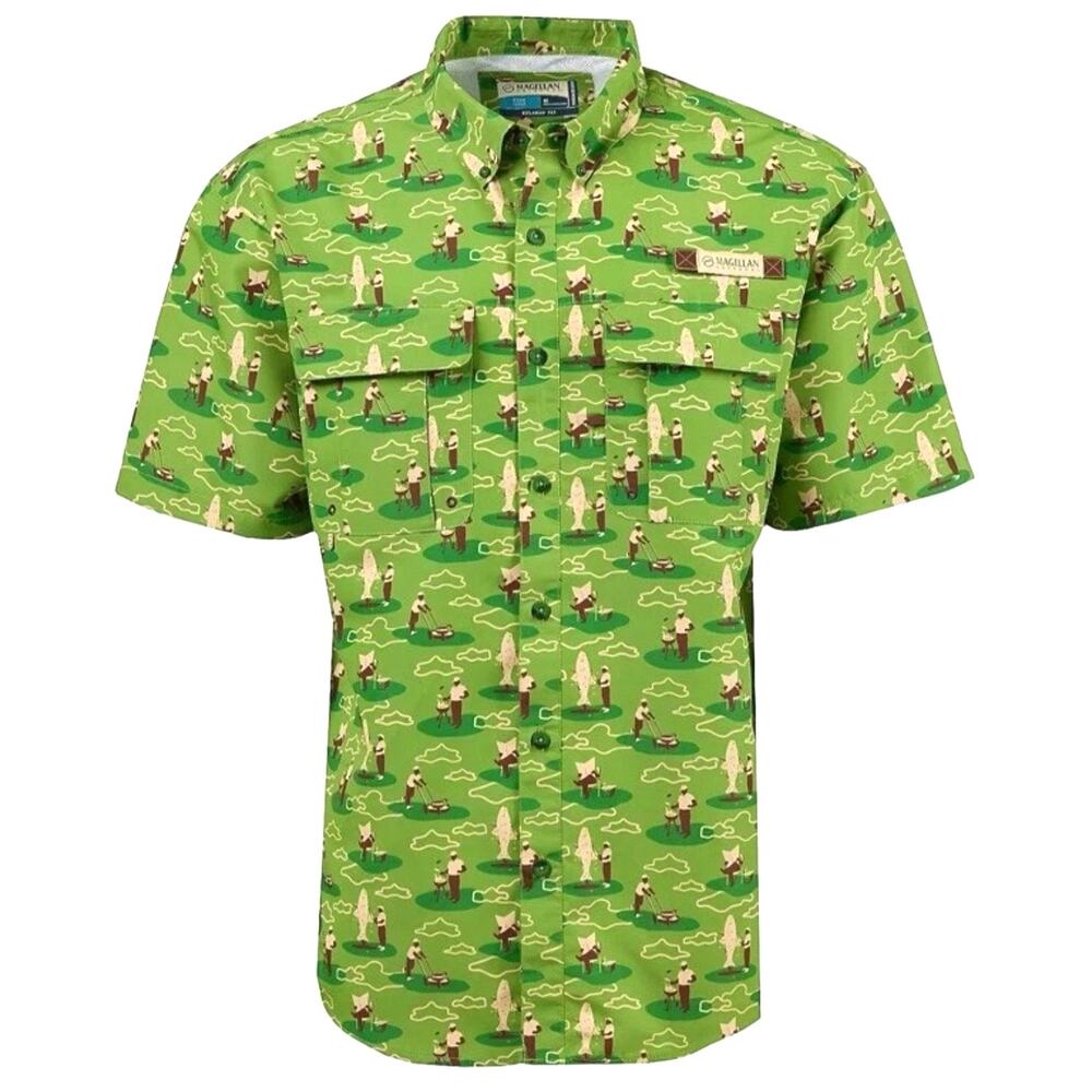 Magellan Outdoors Mens L Fishing Shirt Green Novelty Dad Life Father’s Day EUC
